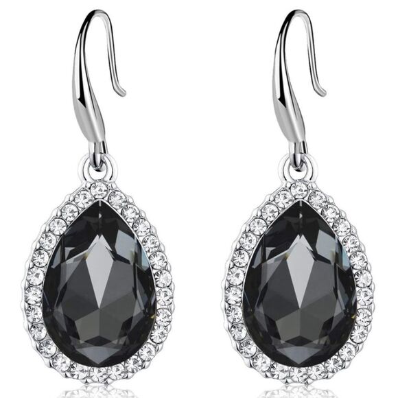 14K White Gold with Charcoal Gray Austrian Crystal Teardrop Halo Hook Earrings